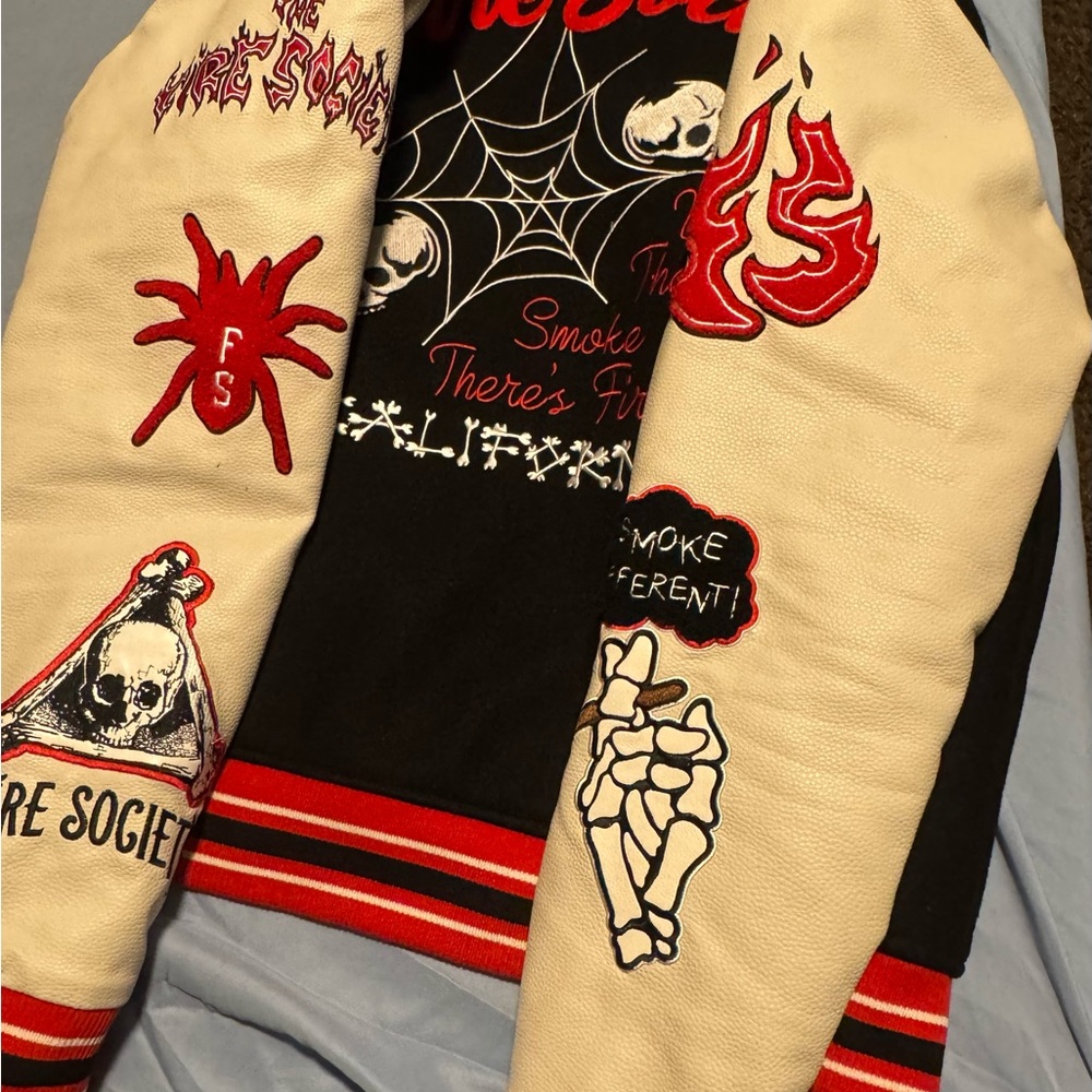 Men's Black & Cream Graphic Fire Society Varsity Jackets